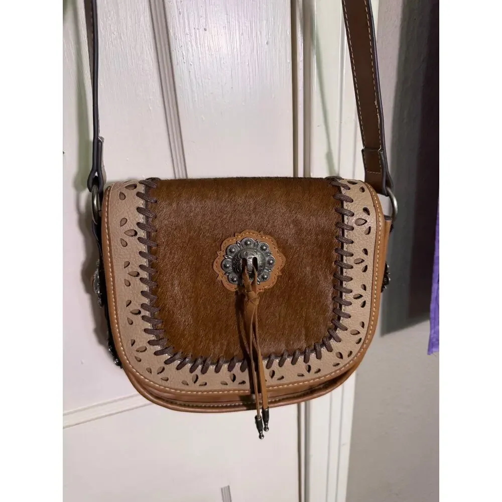 Justin Western Crossbody Purse Cowhide Look Concho Saddle Bag Brown NWT